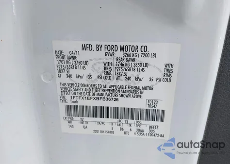 2011 Ford F-150 Xlt from USA, damaged, VIN 1FTFX1EFXBFB36726